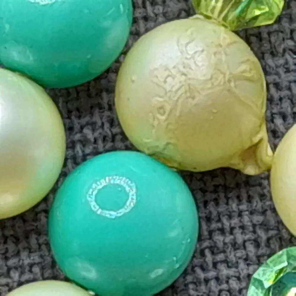 Vintage Green White Bead Necklace, Four Strands, AB Crystal Aspirin Beads, 16 In